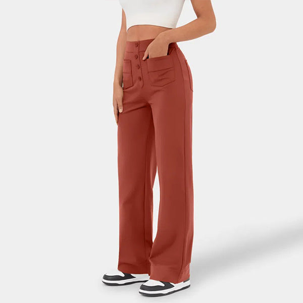 High Waisted Button Multiple Pockets Straight Leg Casual Pants