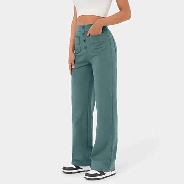 High Waisted Button Multiple Pockets Straight Leg Casual Pants