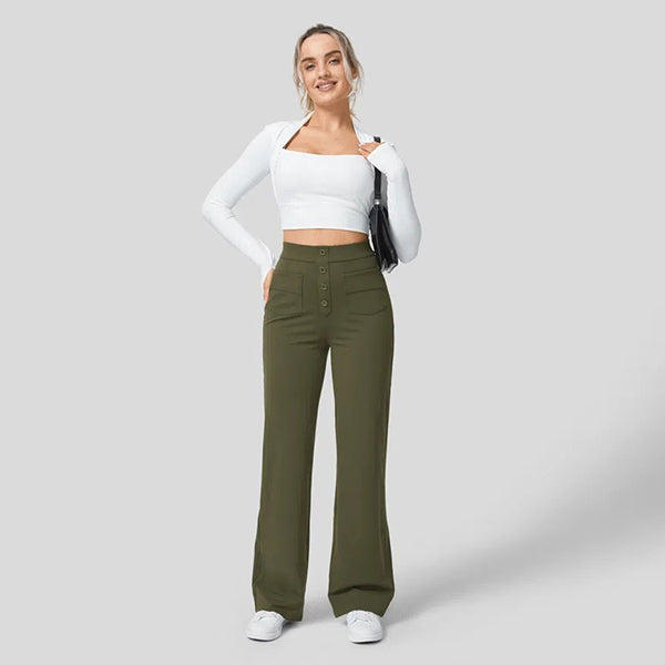 High Waisted Button Multiple Pockets Straight Leg Casual Pants