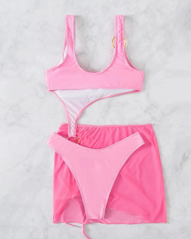 Sheer Mesh Backless Bikini with Cover-up Set