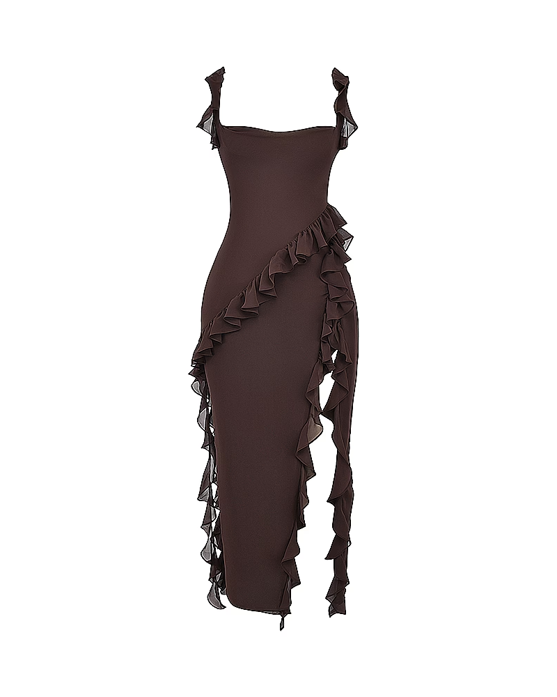 Ruffle Trim Slit Maxi Dress