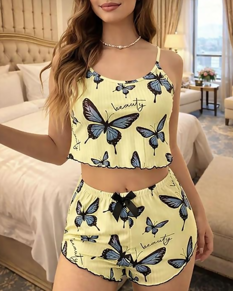Butterfly Print Spaghetti Strap Pajama Set