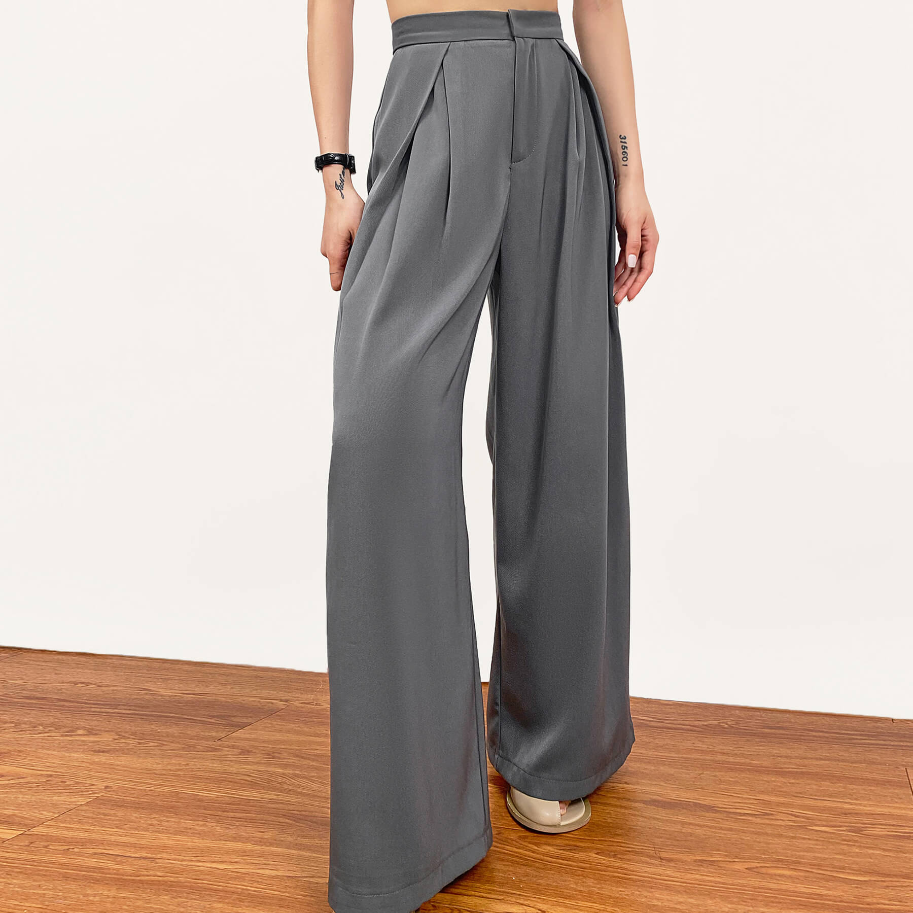 Dark Grey Pleated Wide Leg Work Pants