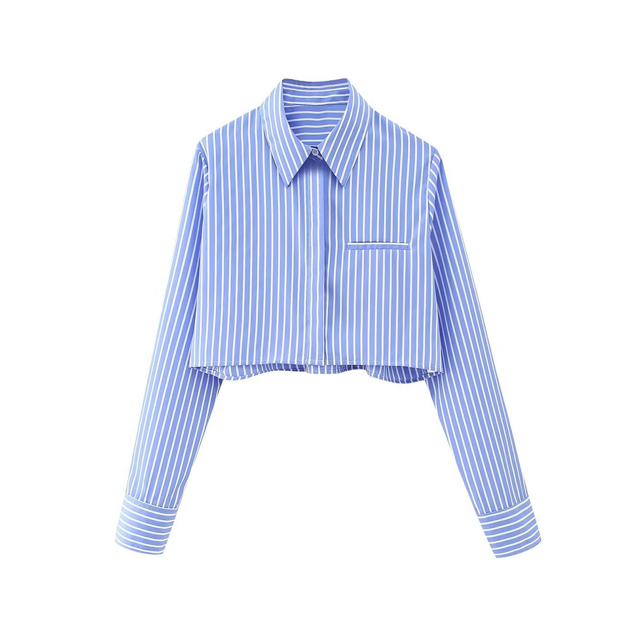 Dodger Blue Striped Long Sleeve Button-Up Cropped Shirt