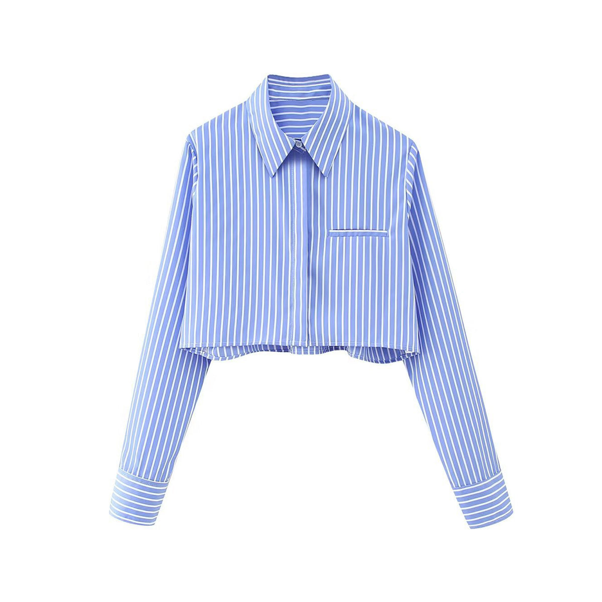 Dodger Blue Striped Long Sleeve Button-Up Cropped Shirt