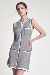 Grey Sleeveless Button Front Pocket Detail Knitted Mini Dress