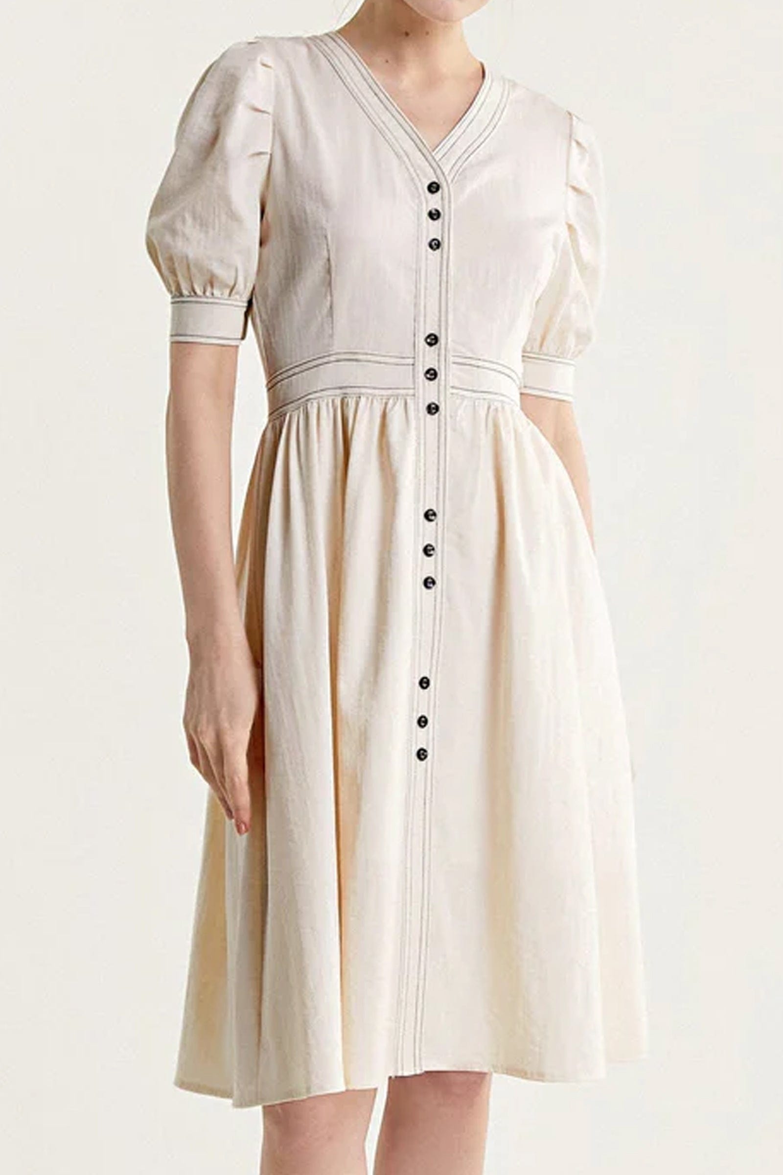 Ivory Contrast Stitch Lantern Sleeve V-Neck Midi Dress