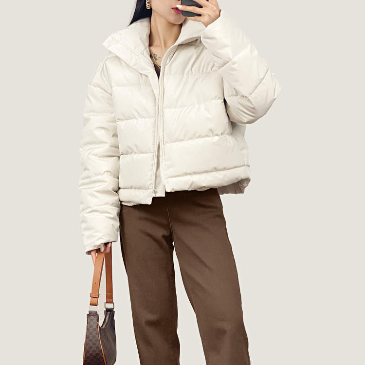 White Stand Collar Zip Puffer Jacket