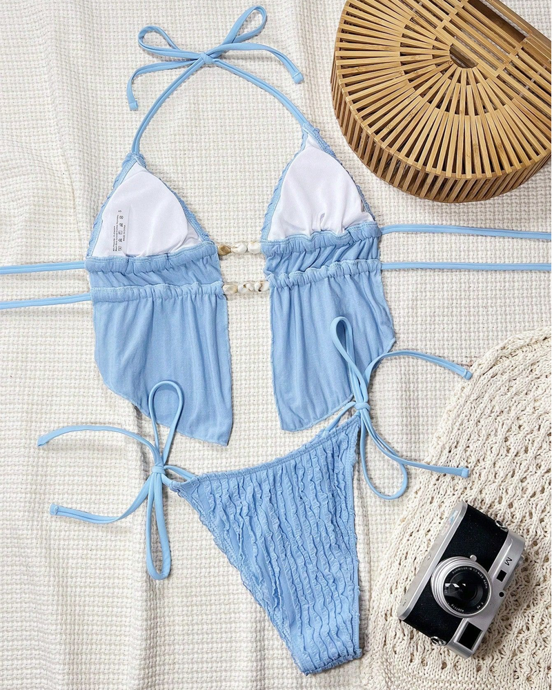 Solid Color Halter Strappy Two-Piece Bikini Set