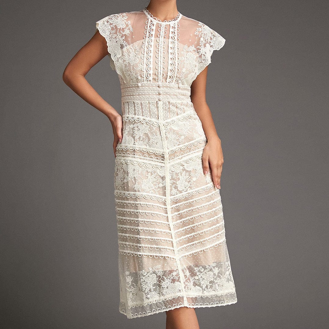 White Lace Scallop-Edge Cap Sleeve Midi Dress