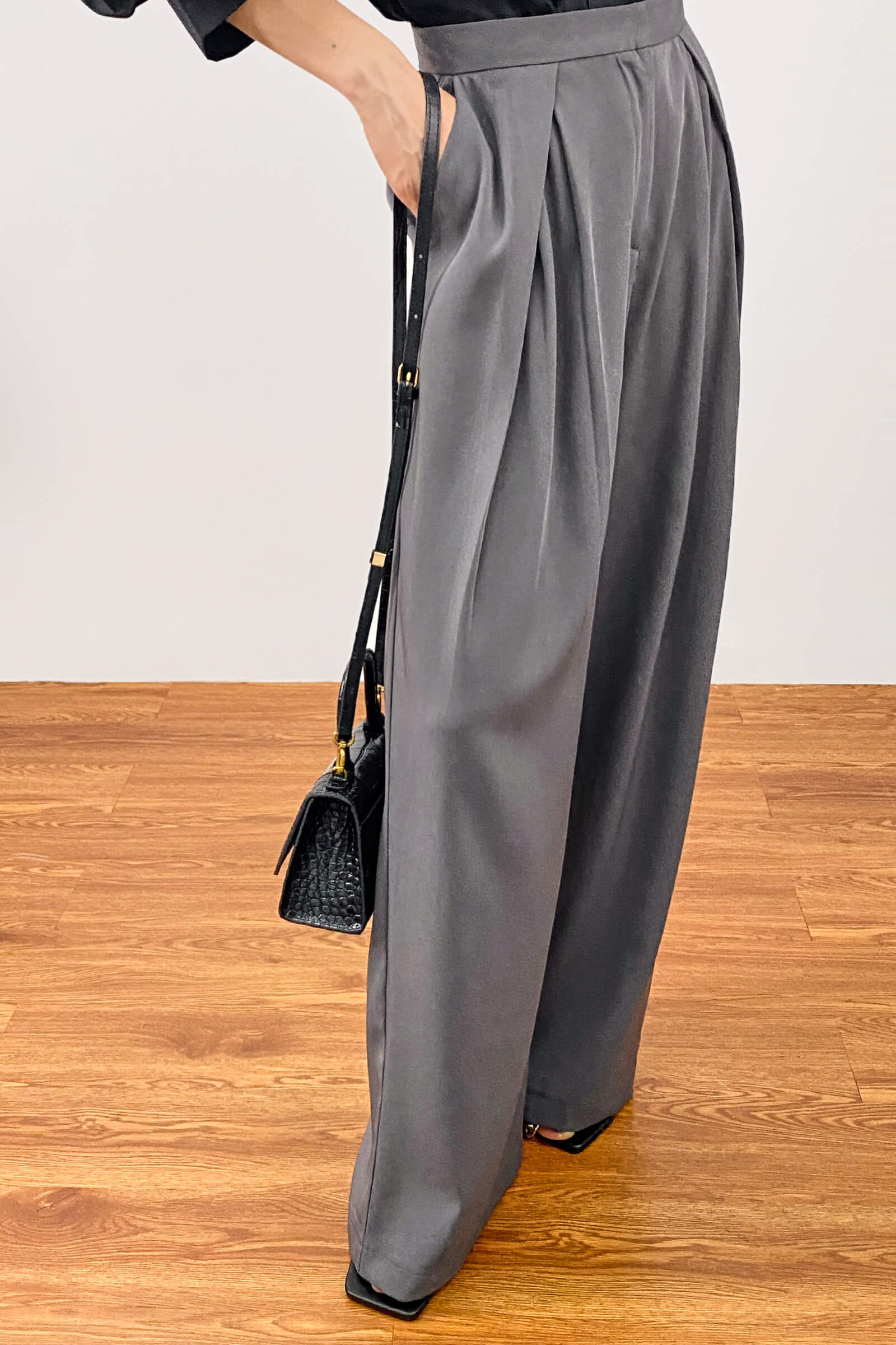 Dark Grey Pleated Wide Leg Work Pants