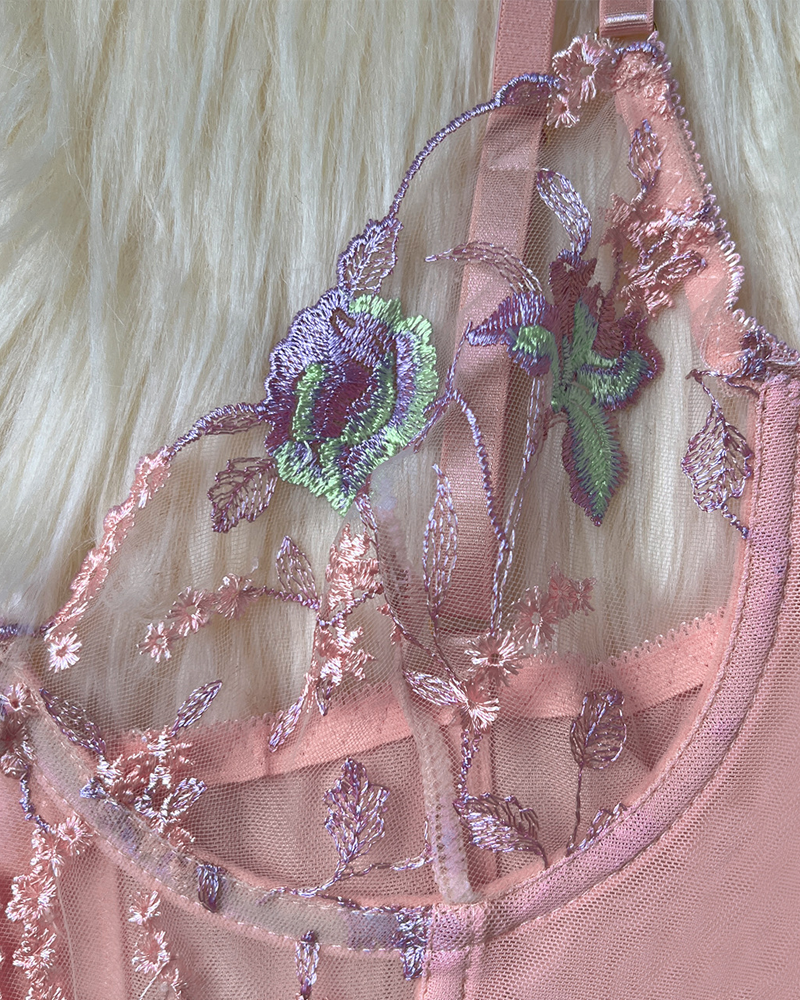 Sheer Embroidered Mesh Lingerie Set