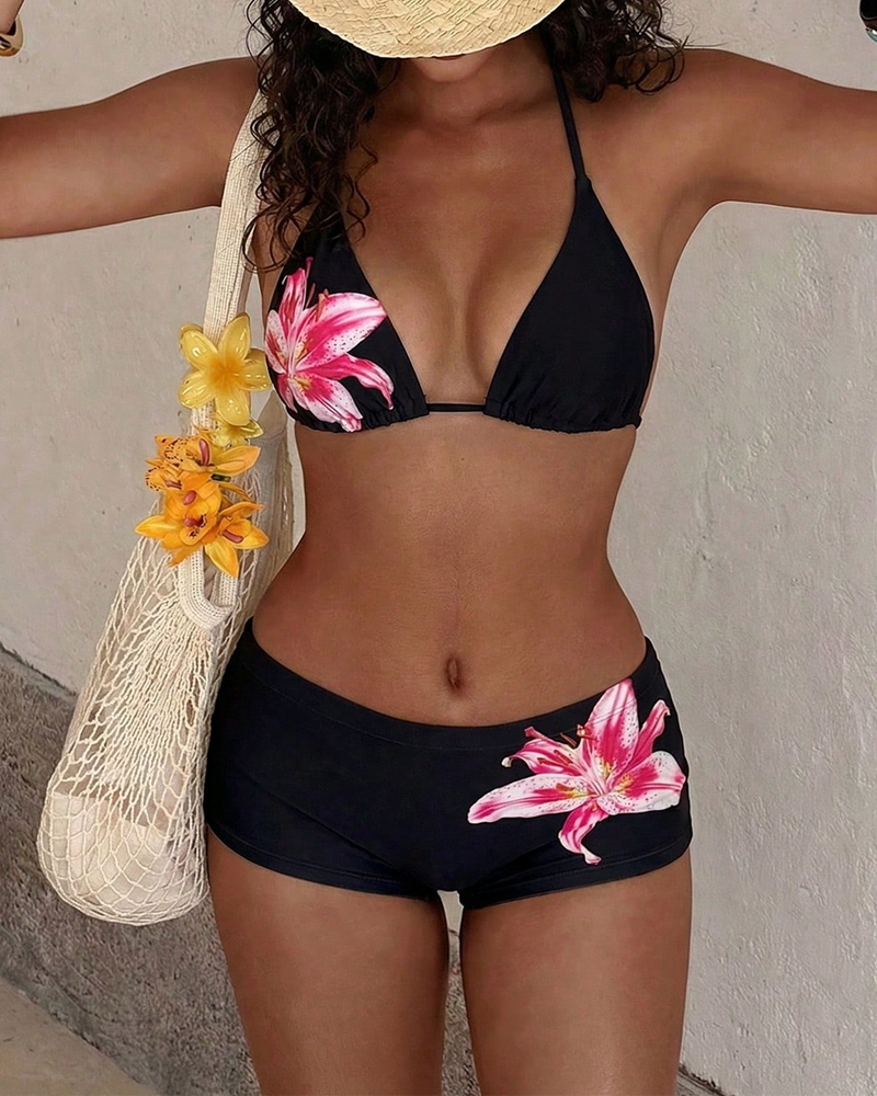 Printed Halter Tie Two-Piece High-Waist Bikini Set