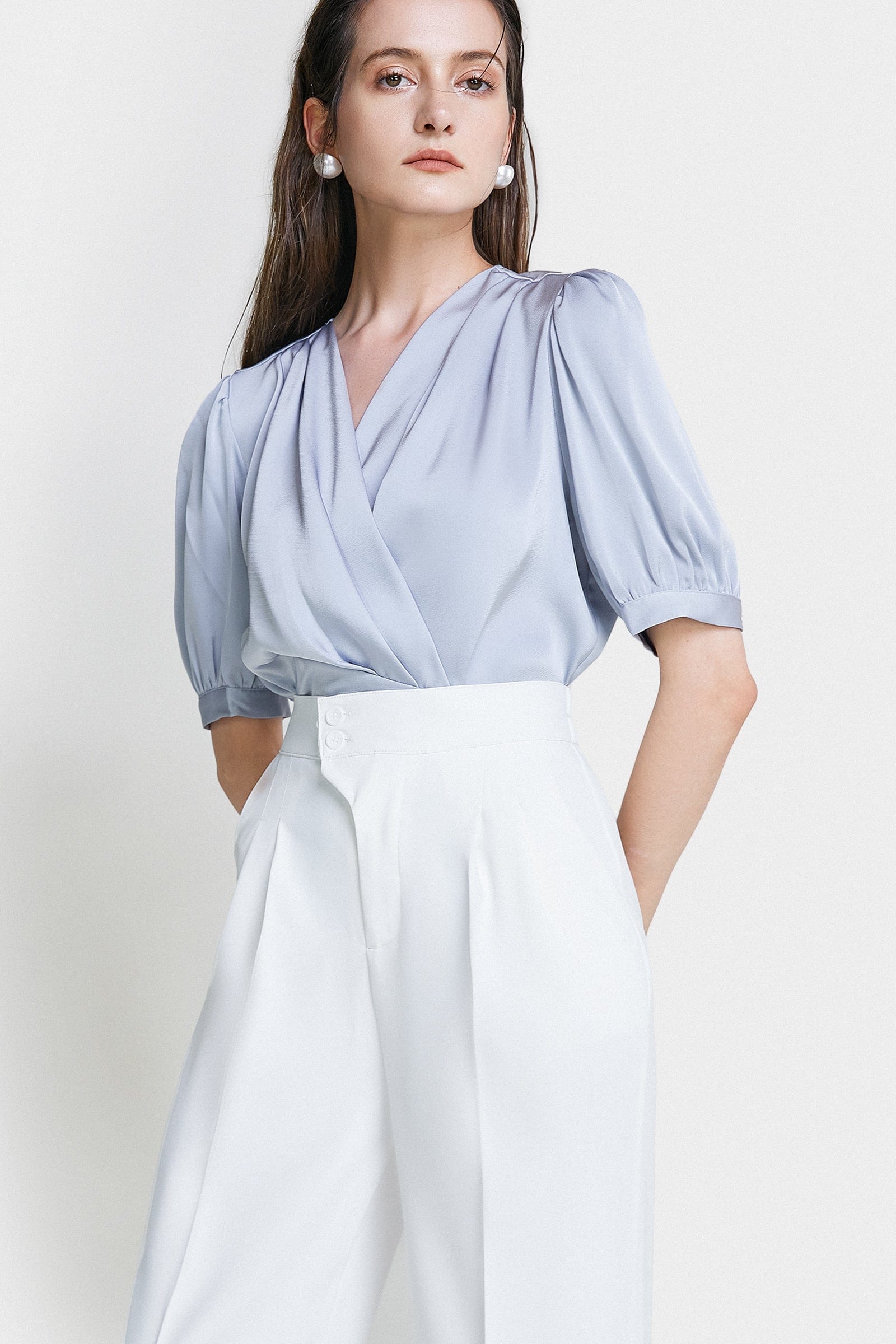 Light Steel Blue Surplice Neck Ruched Blouse
