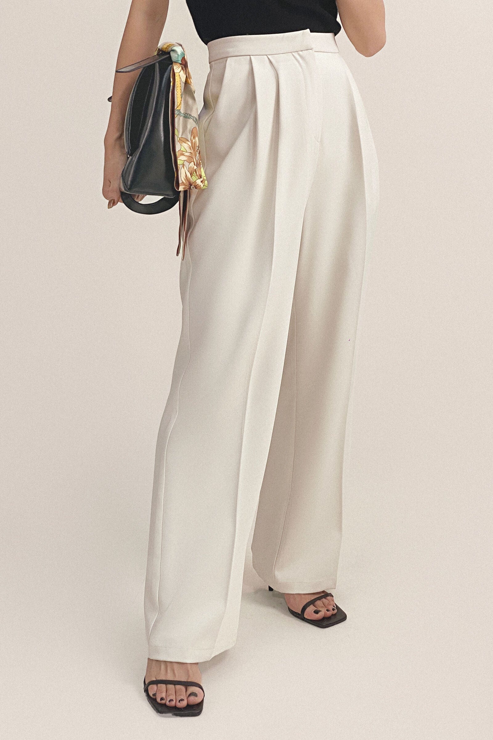 White Pleat Detail Wide Leg Work Pants