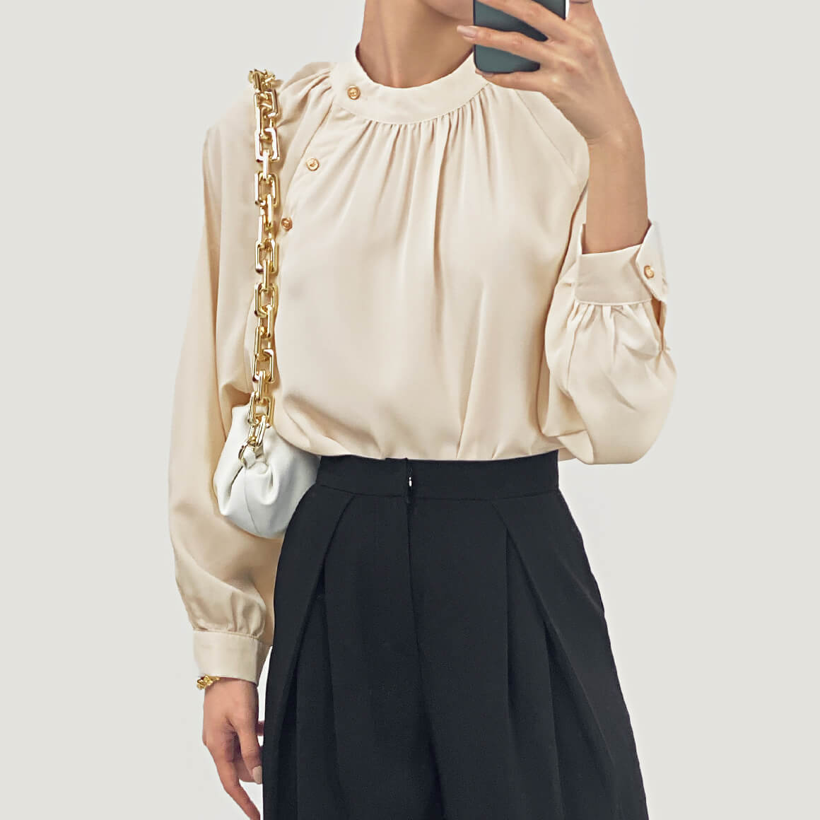 Crew Neck Button Detail Pleated Blouse
