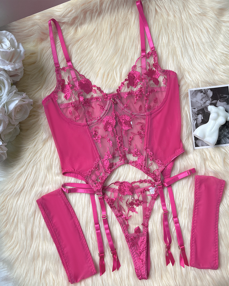 Sheer Embroidered Mesh Lingerie Set
