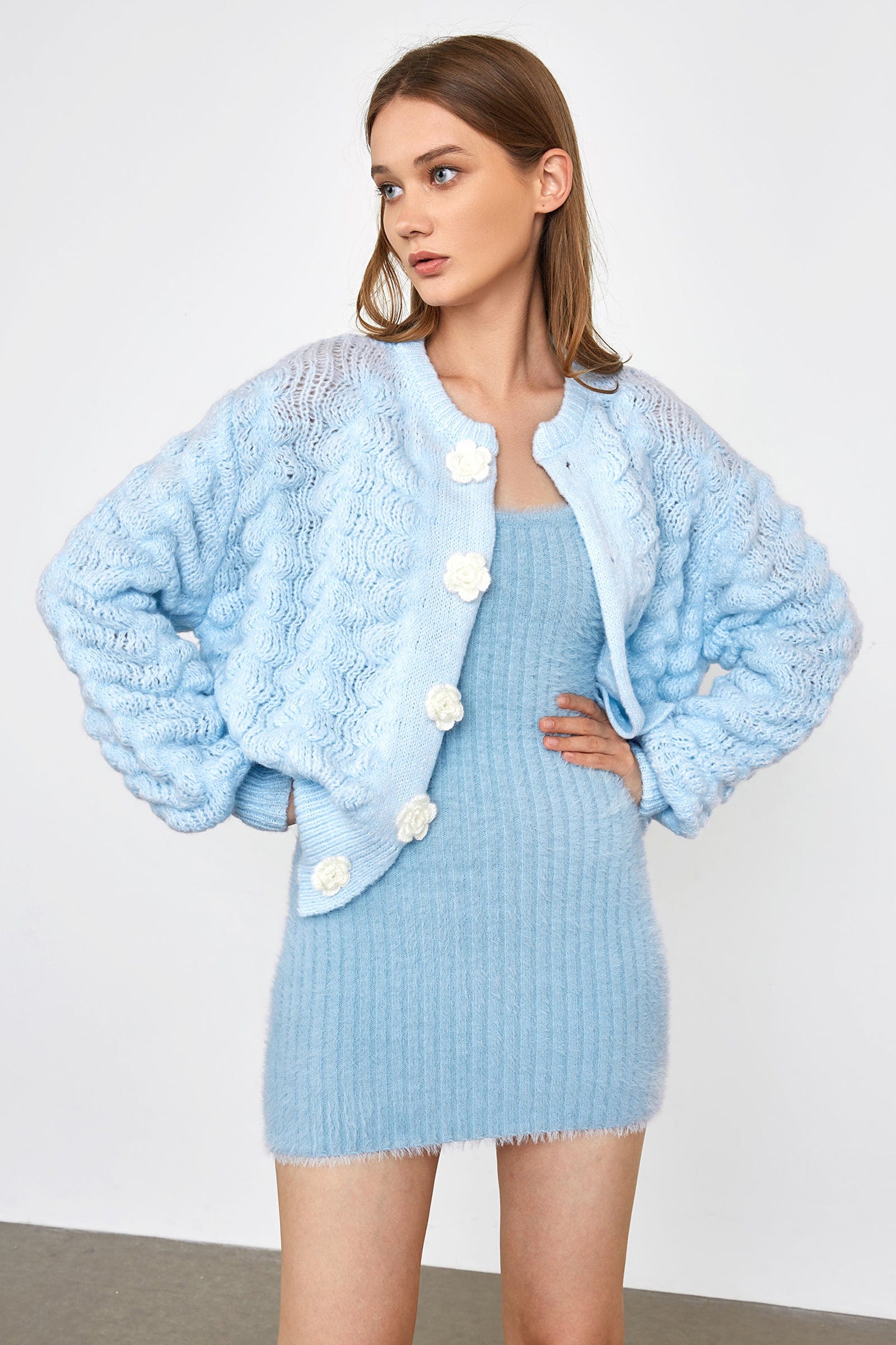 Gayel Light Sky Blue Puff Sleeve Cardigan