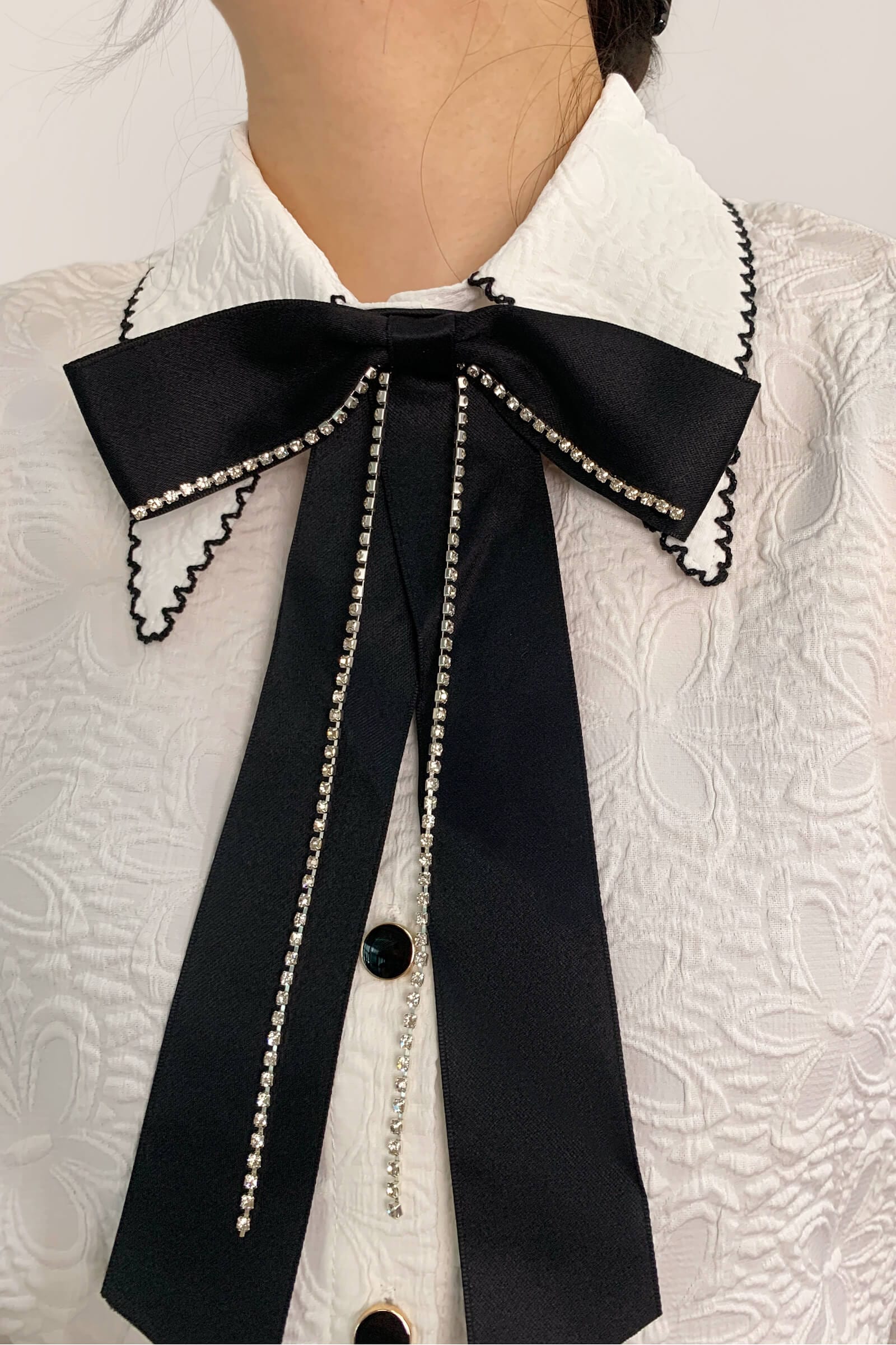 White Textured Bow Neck Balloon Sleeve Shirt