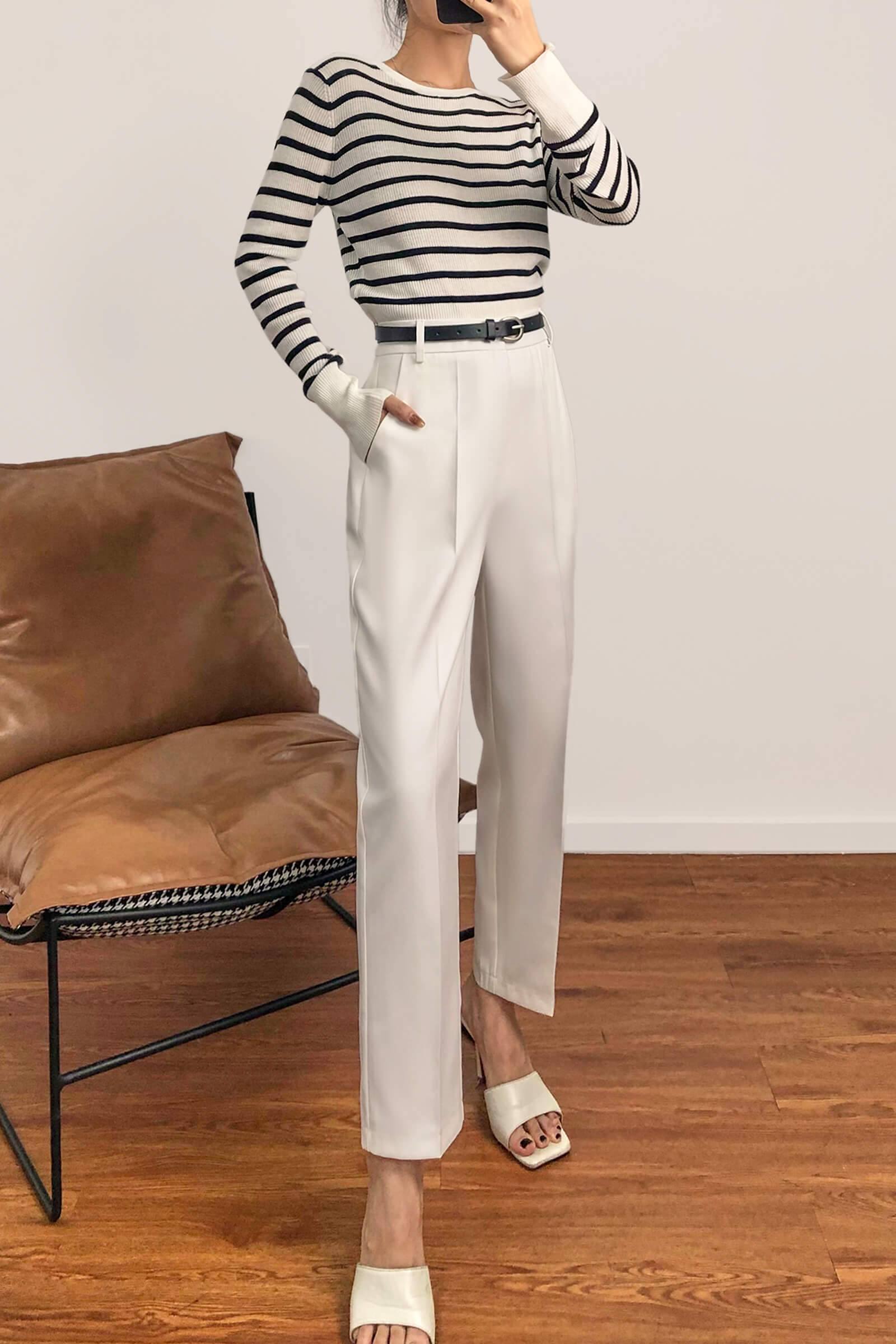 White Appliqued Striped Wool-Blend Sweater