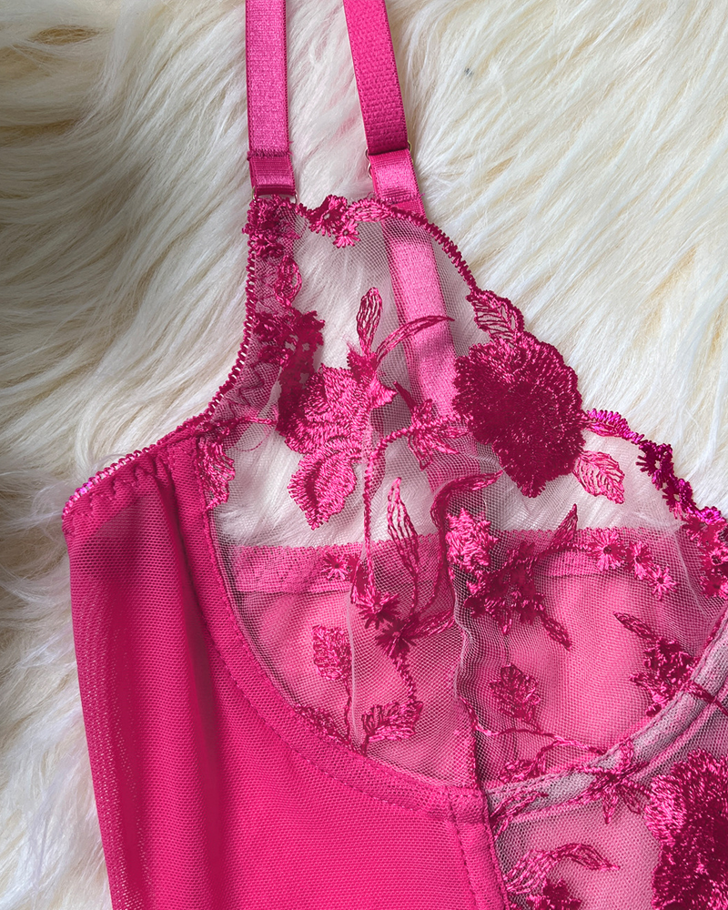 Sheer Embroidered Mesh Lingerie Set