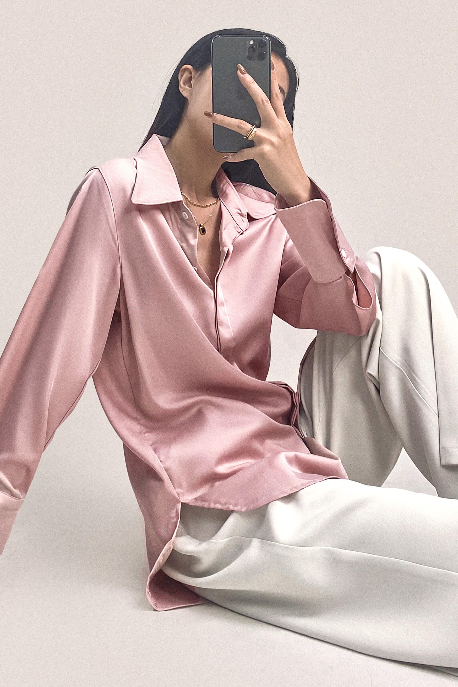 Pink Button-Up Satin Work Shirt
