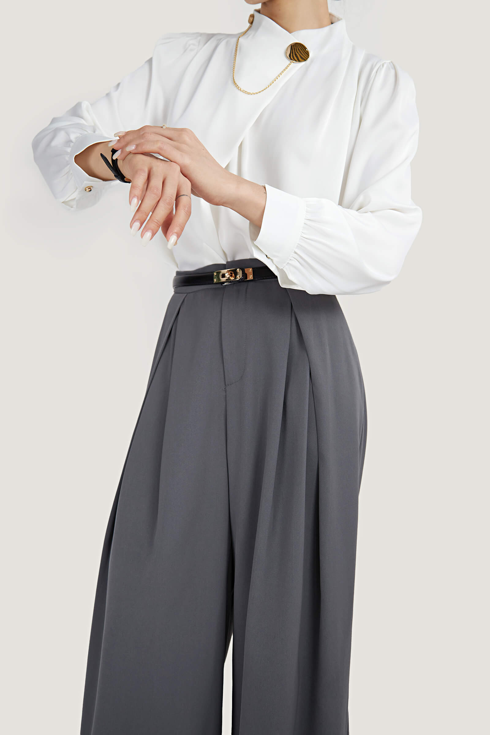 White Mock Neck Ornamental Lantern Sleeve Blouse