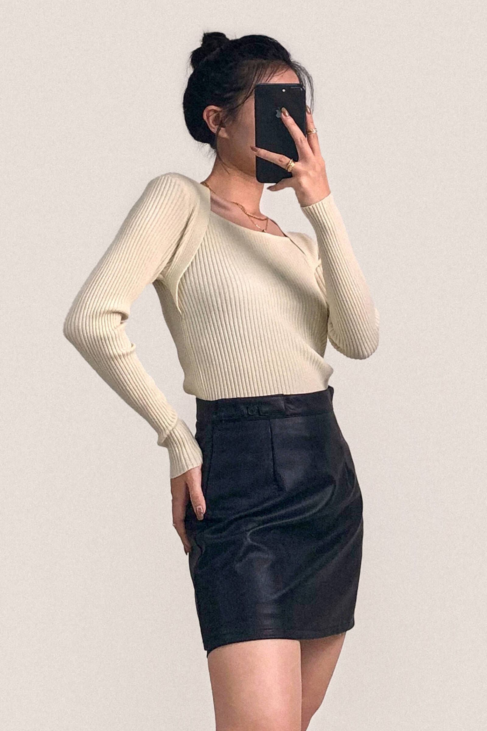 Ivory Ribbed Knit Square Neck Sweater