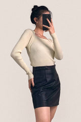 Ivory Ribbed Knit Square Neck Sweater