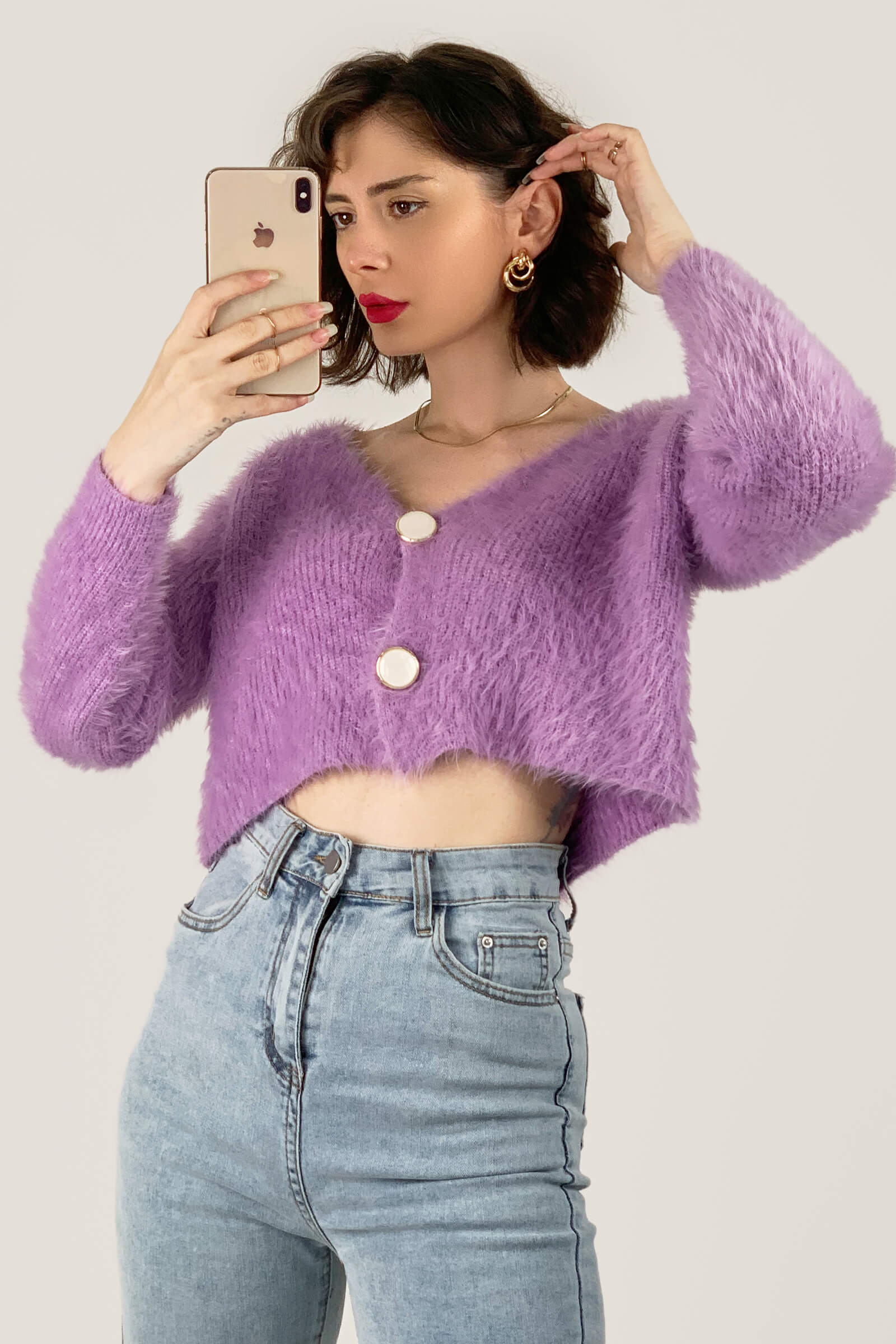Orchid V-Neck Fuzzy Knit Cropped Cardigan