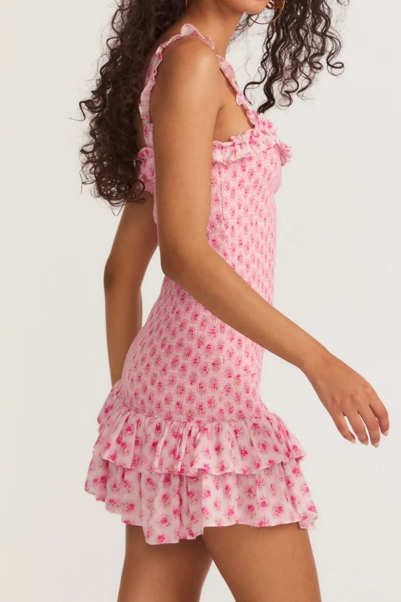 Pink Ruched Bodycon Ruffled Mini Dress