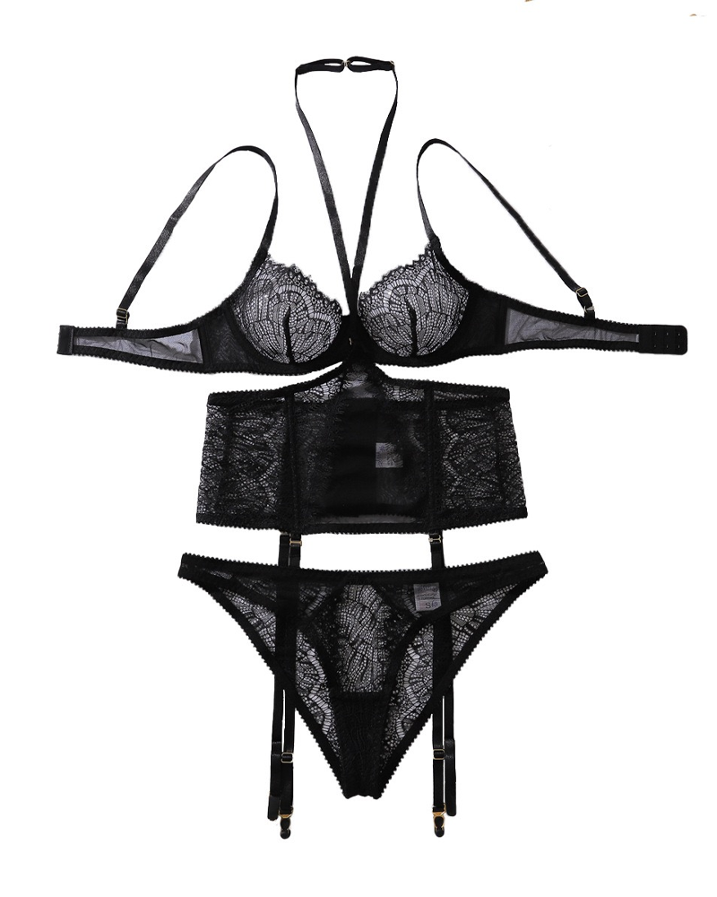 Black heavy eyelash lace halterneck three-point underwear set
