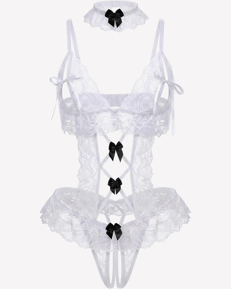 Sheer Cutout Lace Bodysuit with Bow Detail