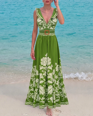 V Neck Ruffle Green Retro Printed Swimsuit Set