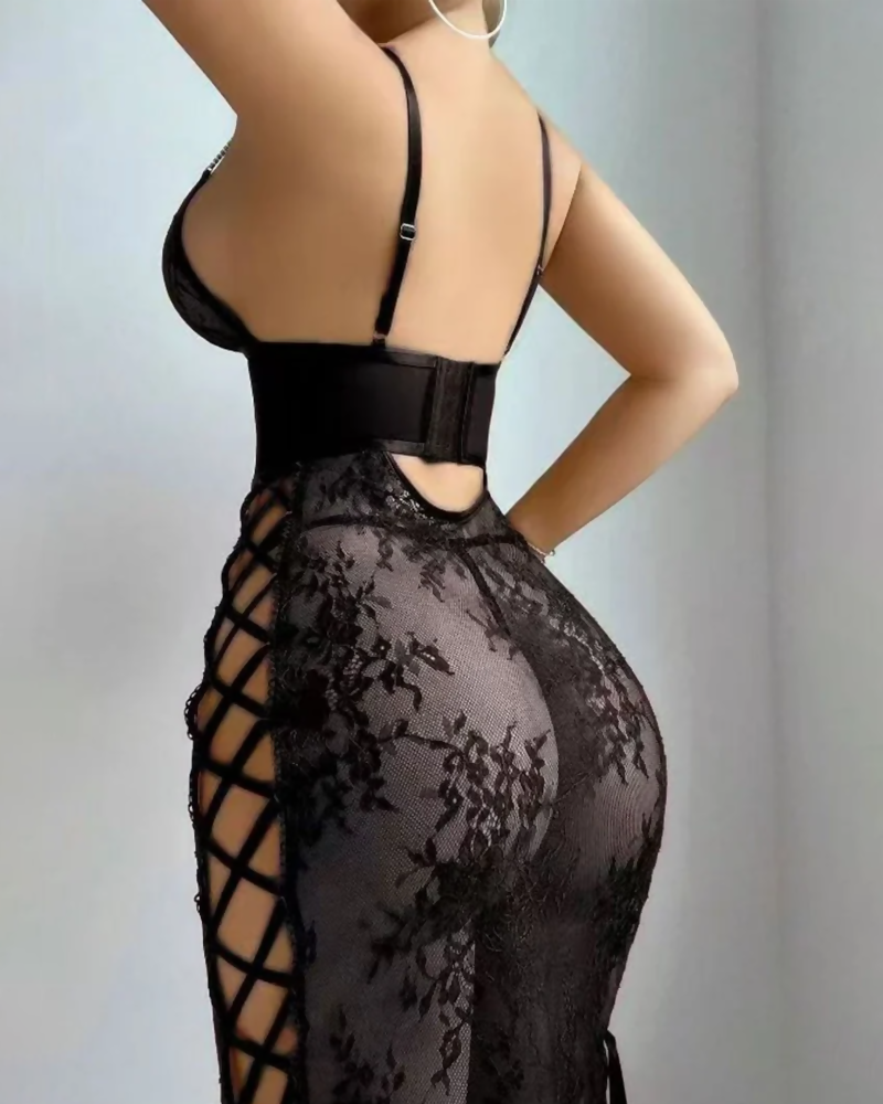 Lace Cutout Lace-Up Bodycon Babydoll Lingerie