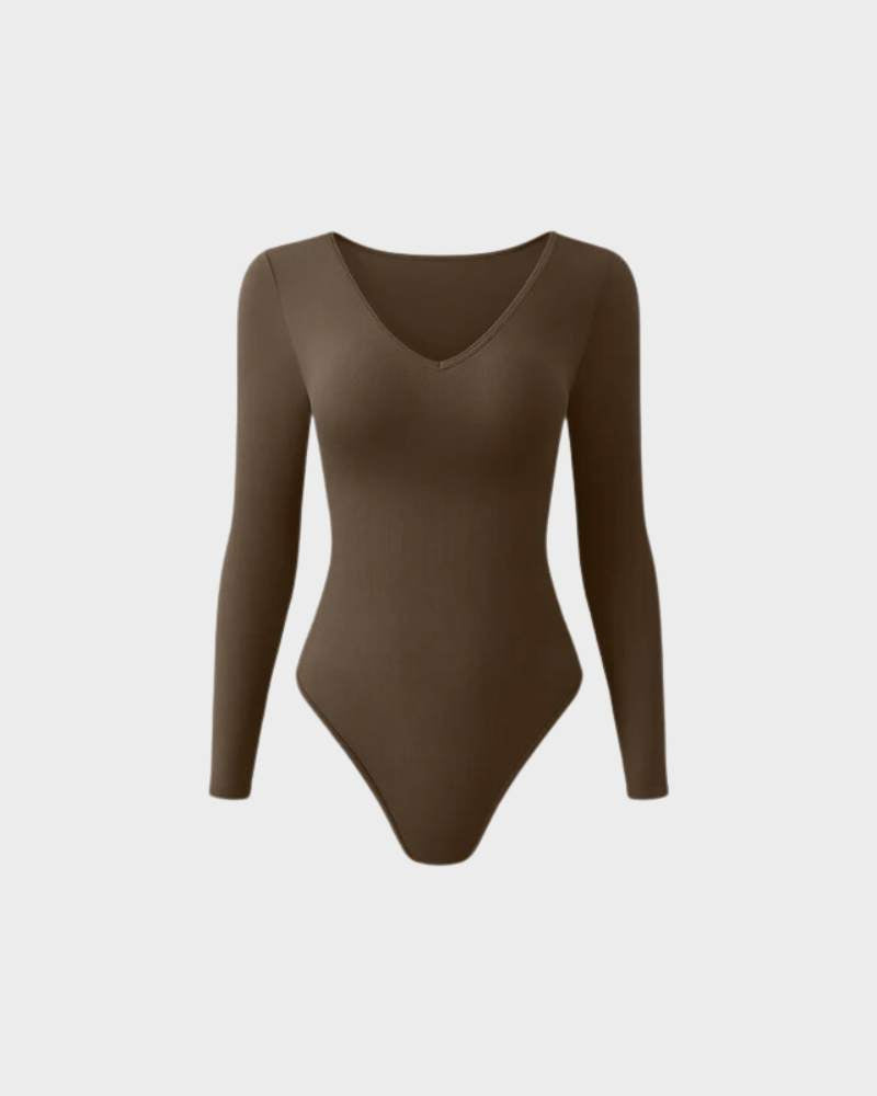 Ribbed V Neck Long Sleeve Bodysuits