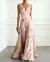 Tulip Print Chiffon Sleeveless V-Neck Maxi Dress