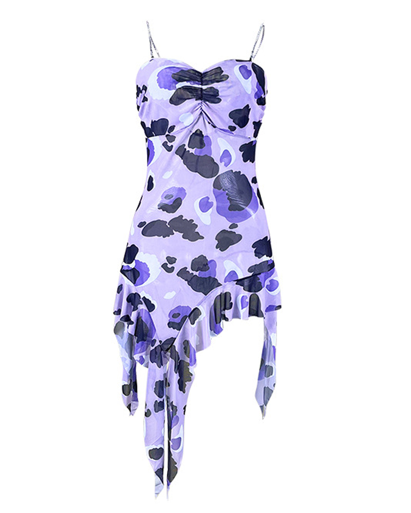 Leopard Print Sheer Mesh Rhinestone Strap Nightgown