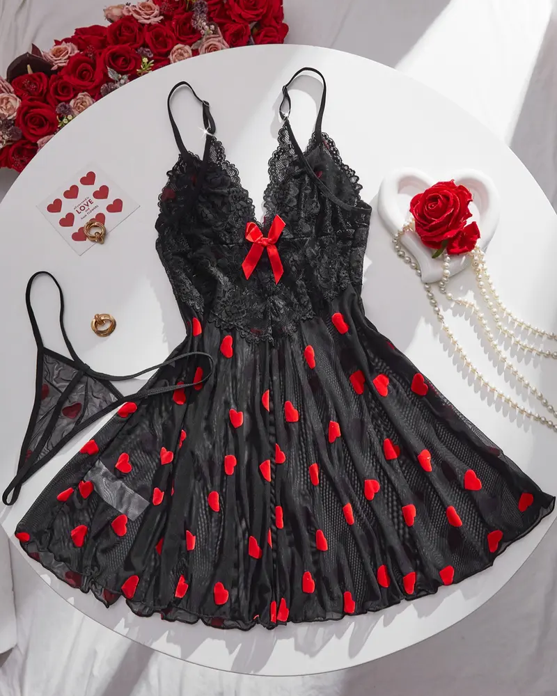 Sheer Lace Mesh Nightdress with Heart Accent