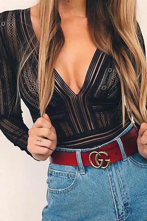 V-neck Backless Lace Bodysuit