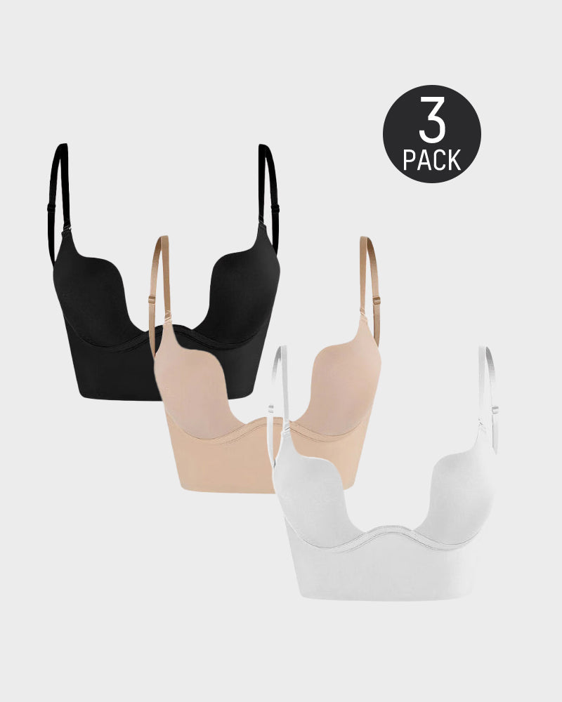 3 PackLow Back Secret Plunge Bra - Black+Beige+White