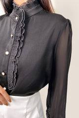Black High Neck Ruffle Detail Button-Up Work Shirt