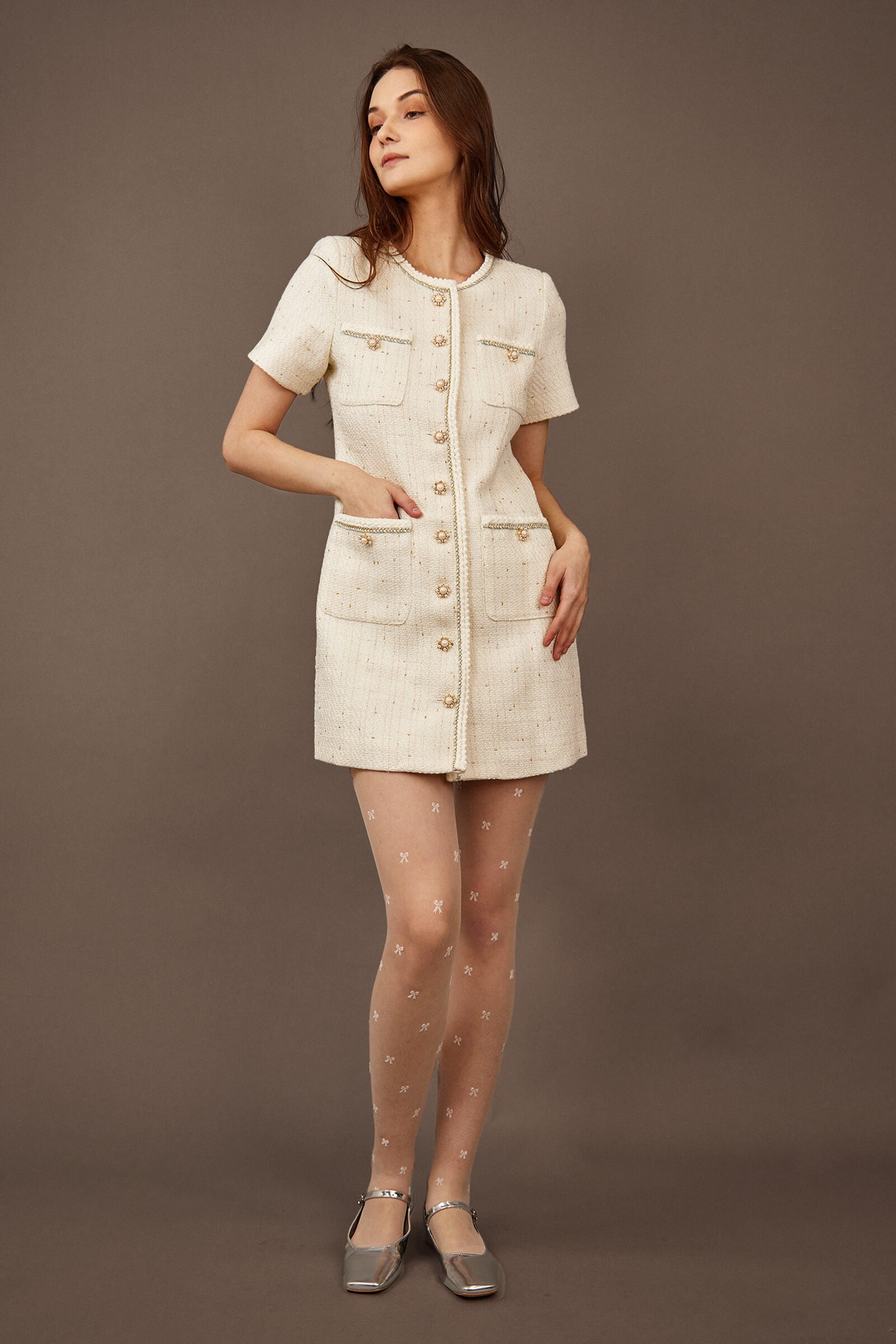 White Faux Pearl Button Mini Dress