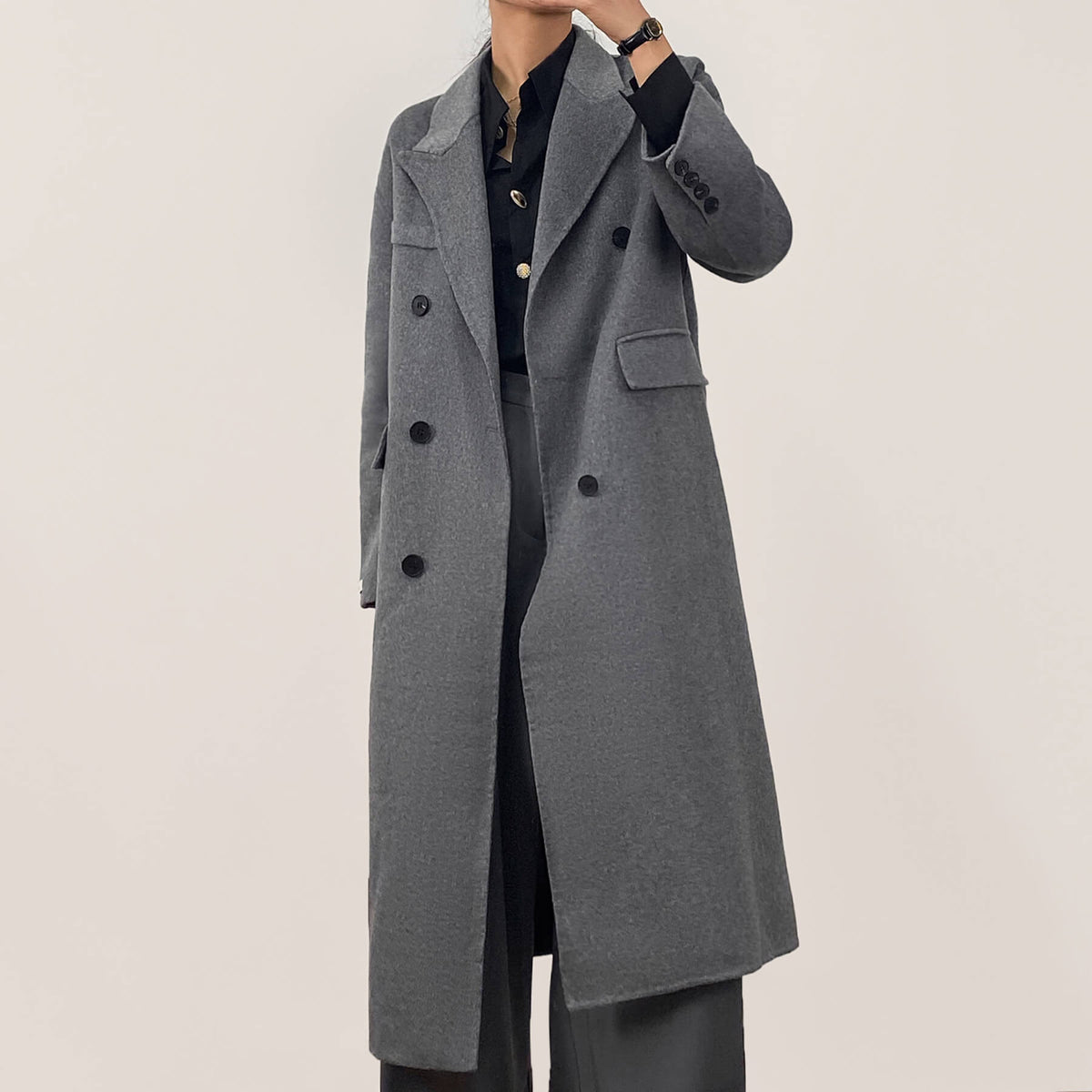 Grey Premium Wool Double-Breasted Longline Coat