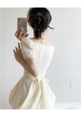 White Square Neck Puff Sleeve Dress.
