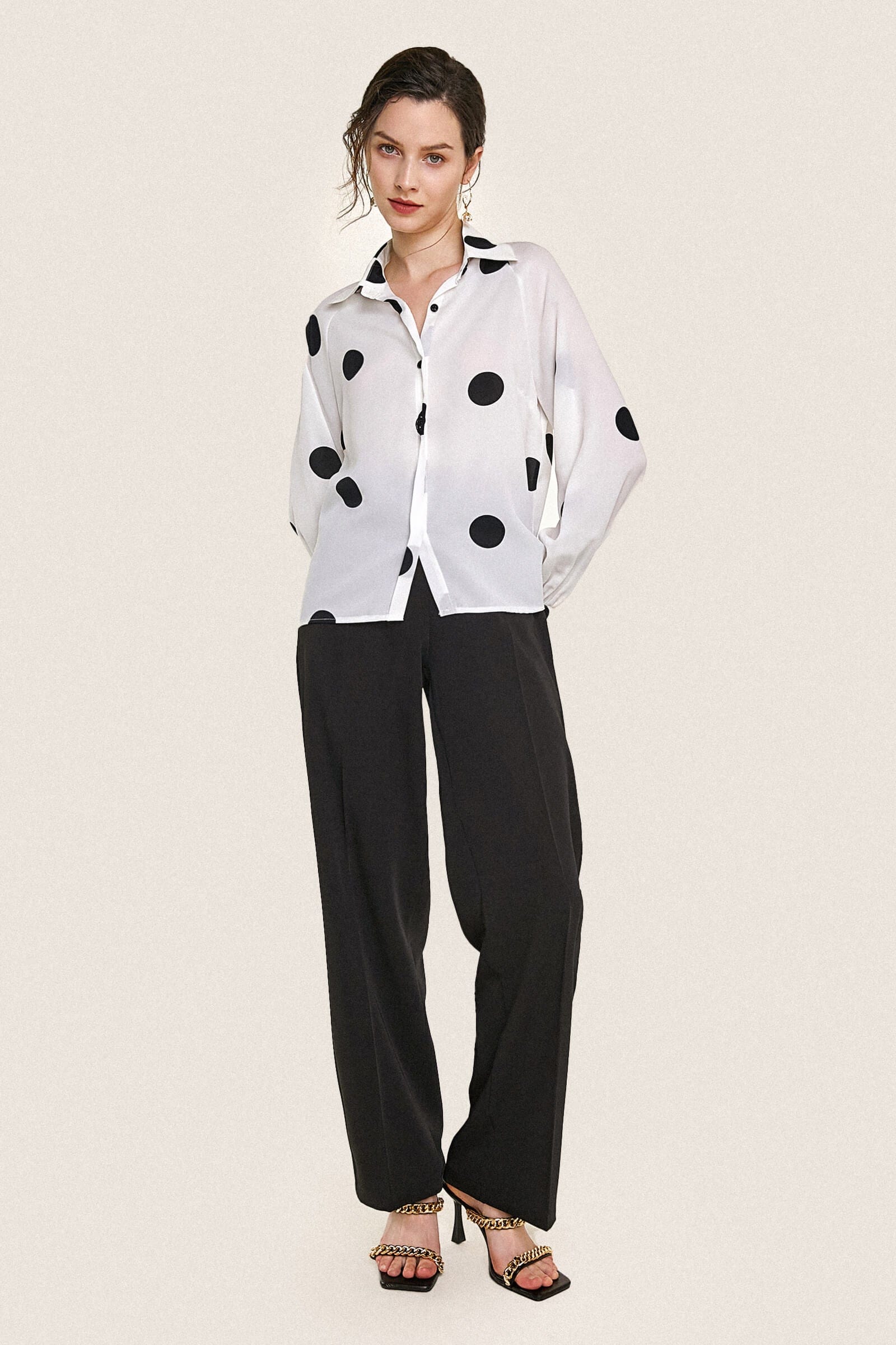 Ivory Polka Dot Balloon Sleeve Button-Up Chiffon Shirt