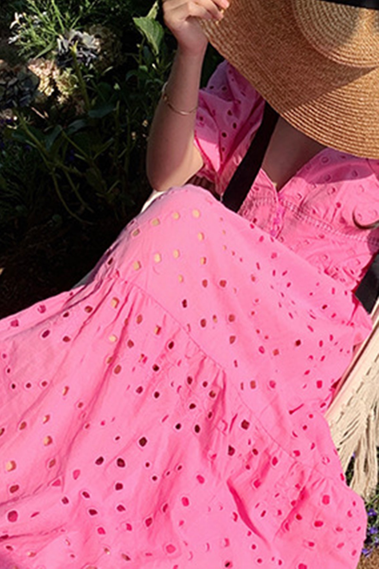Hot Pink V Neck Balloon Sleeve Eyelet Maxi Dress