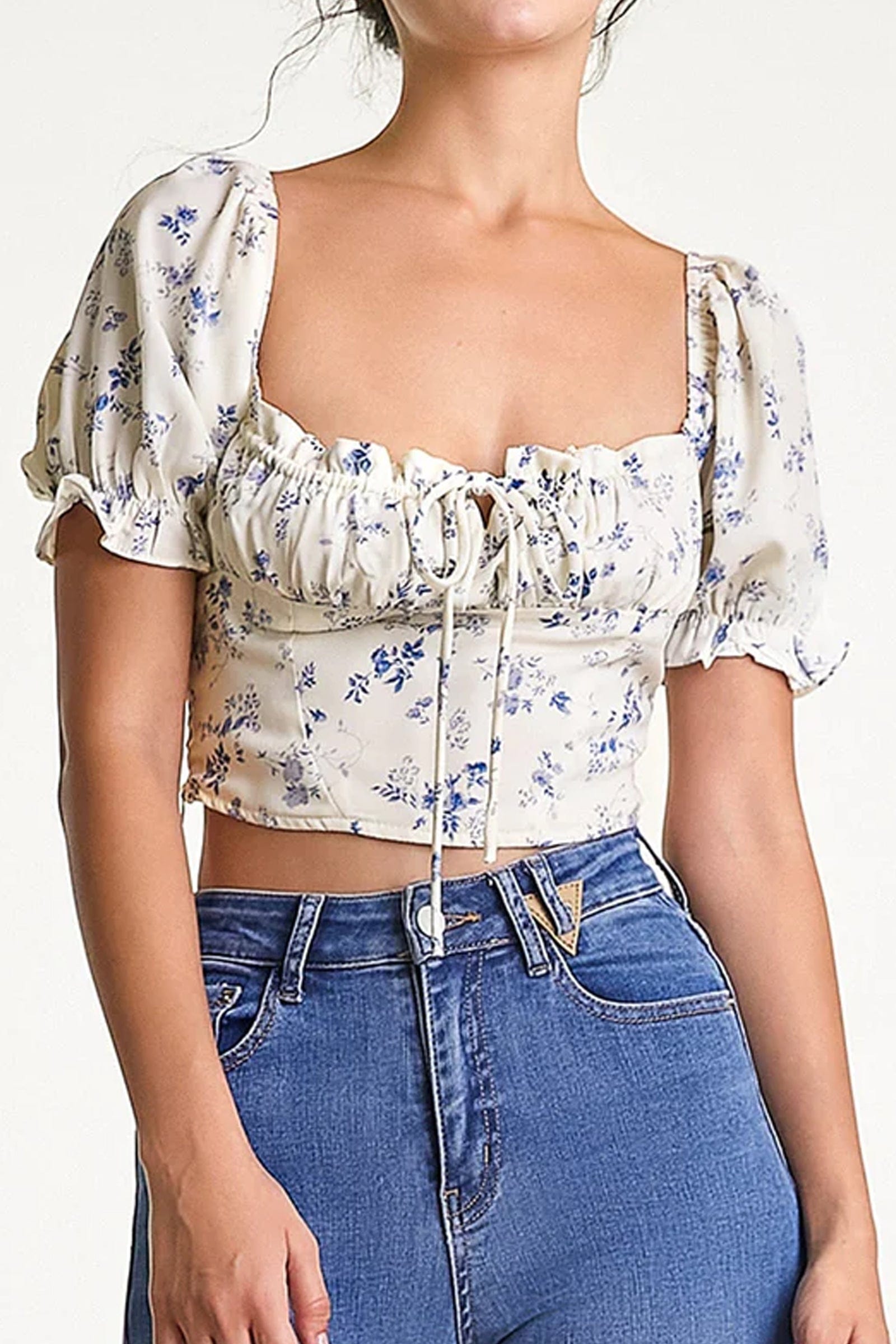 Ivory Floral Print Square Neck Cropped Blouse