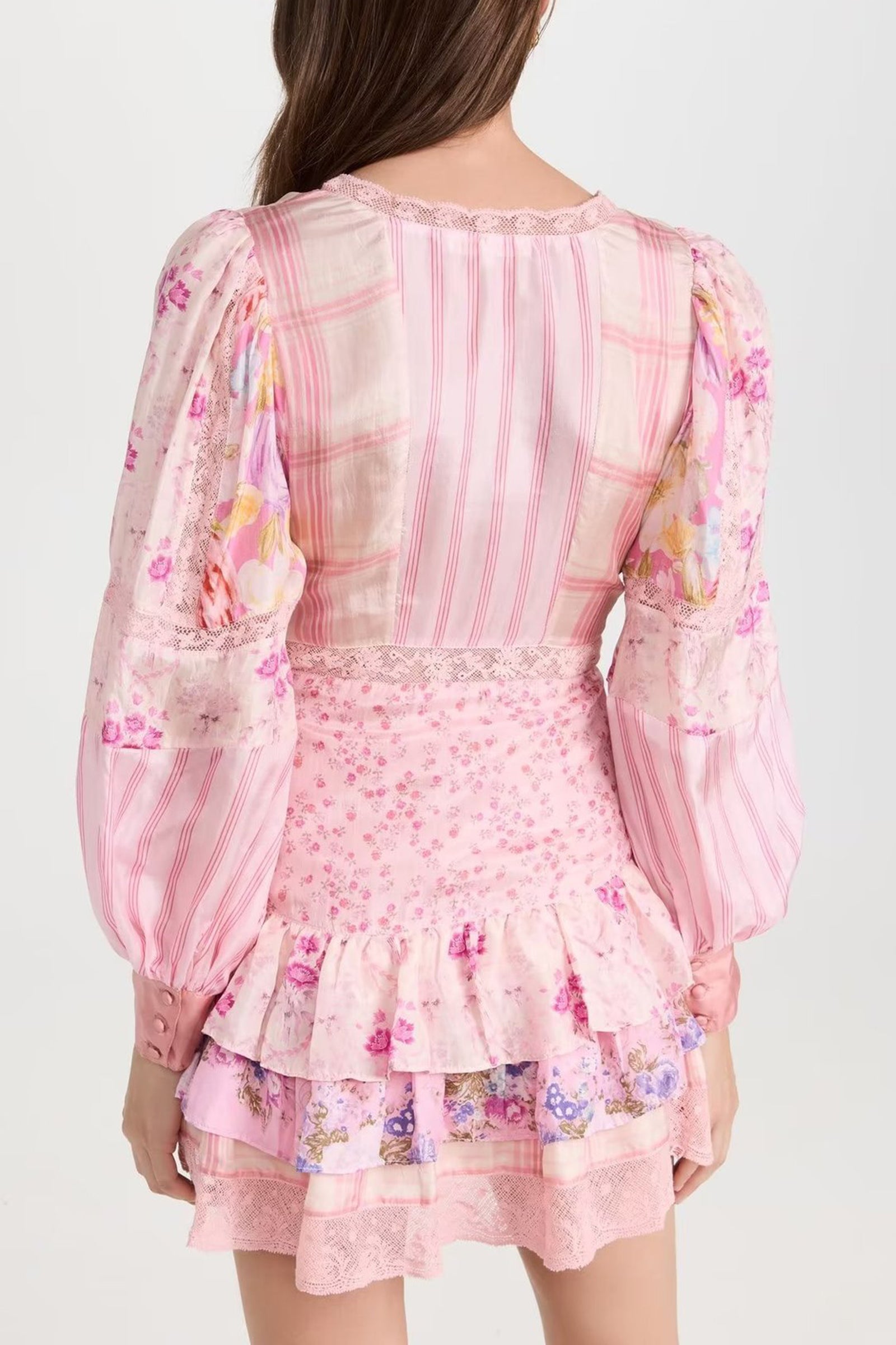 Pink Floral Print Balloon Sleeve Tiered Mini Dress