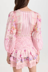 Pink Floral Print Balloon Sleeve Tiered Mini Dress